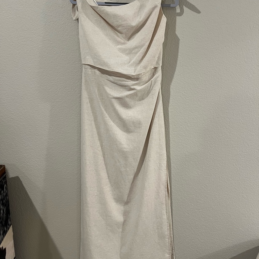 Showpo Cream Asymmetrical Ruched Gown - Picture 5 of 6